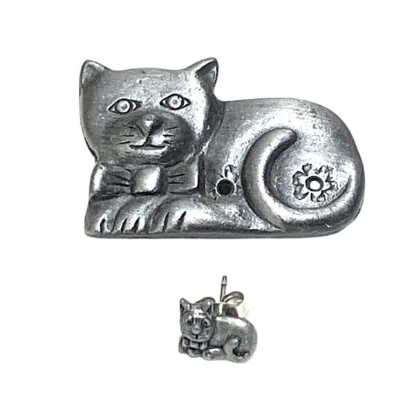 Vintage Silver Pewter Cat Brooch With Kitten Stud Earring Estate 2" - Picture 4 of 4